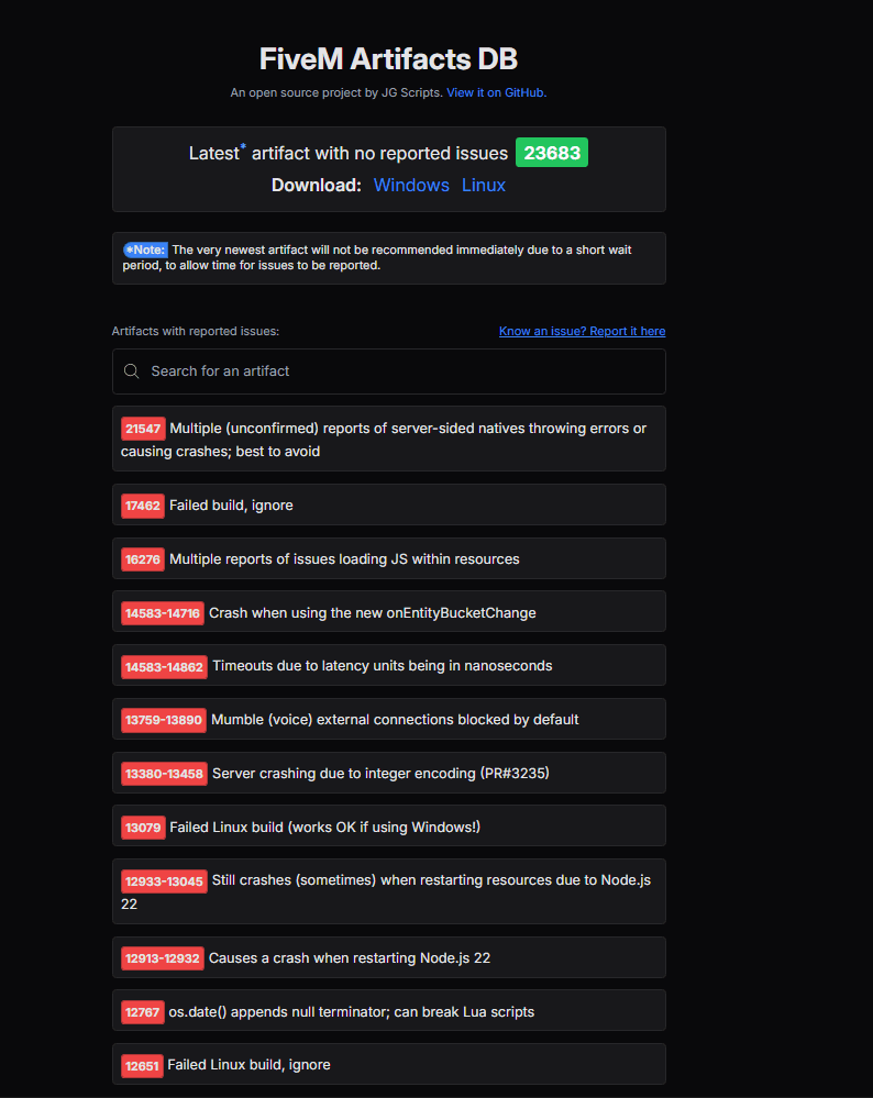Server artifacts download page